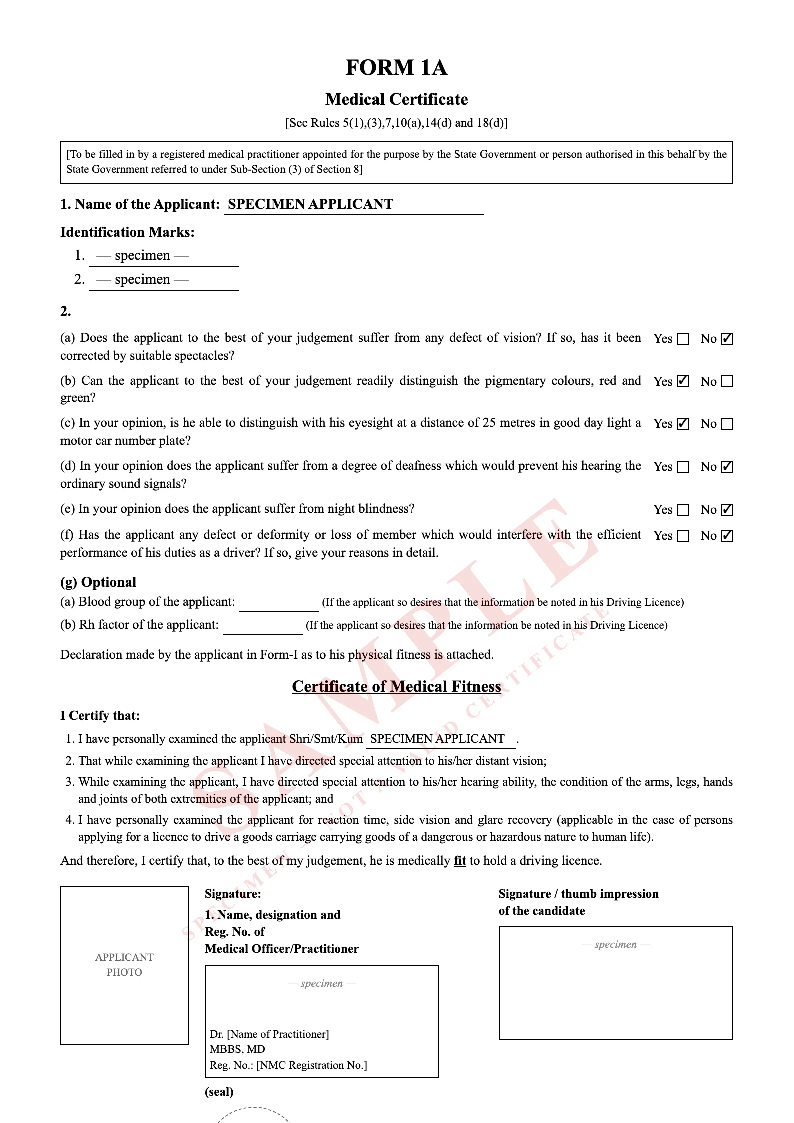 Specimen Form 1A medical certificate showing the statutory vision, hearing and fitness questions, doctor signature block and NMC registration line