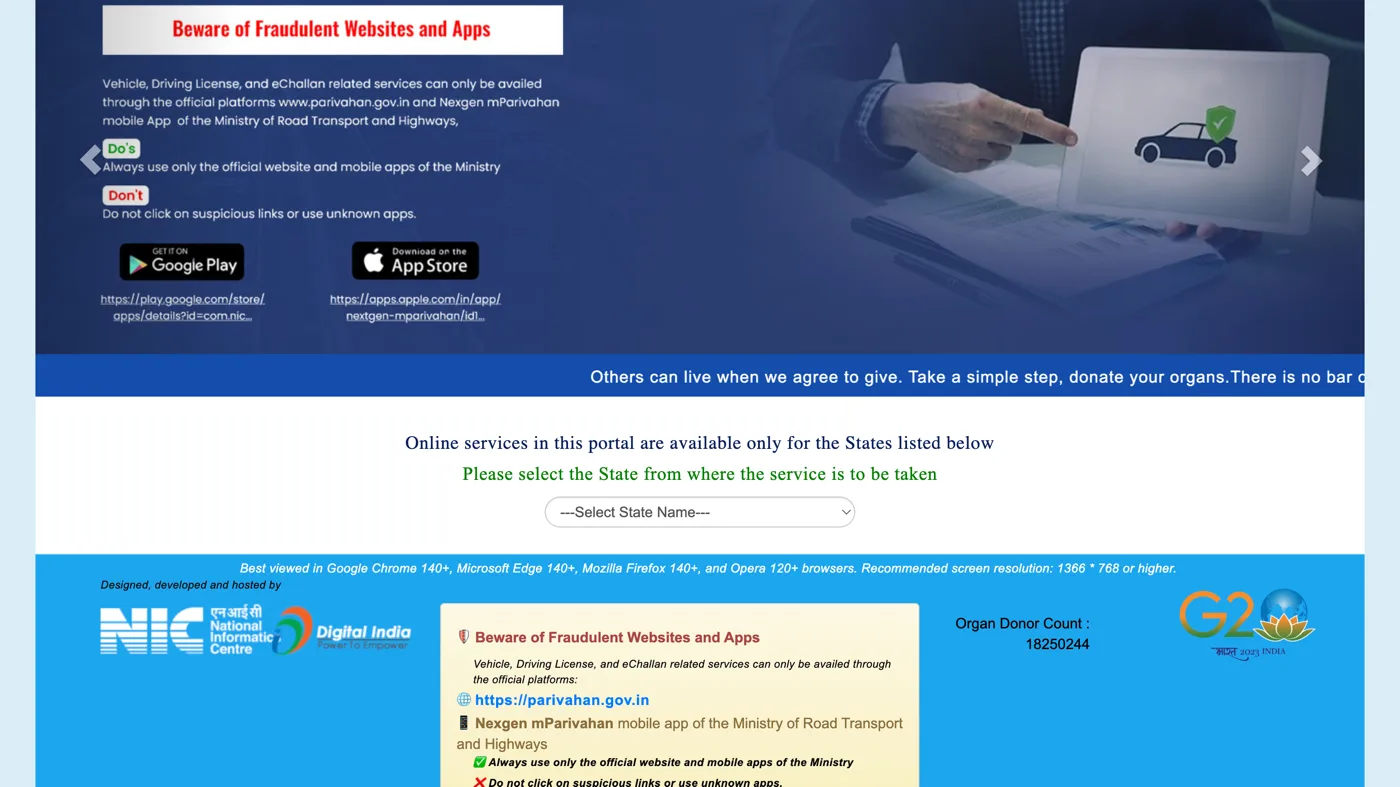 Parivahan Sarathi portal home page showing the Select State Name dropdown used to begin a driving licence application