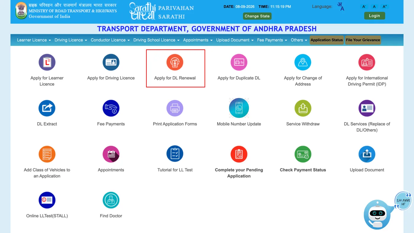 Sarathi driving licence services menu with Apply for DL Renewal highlighted among the available options